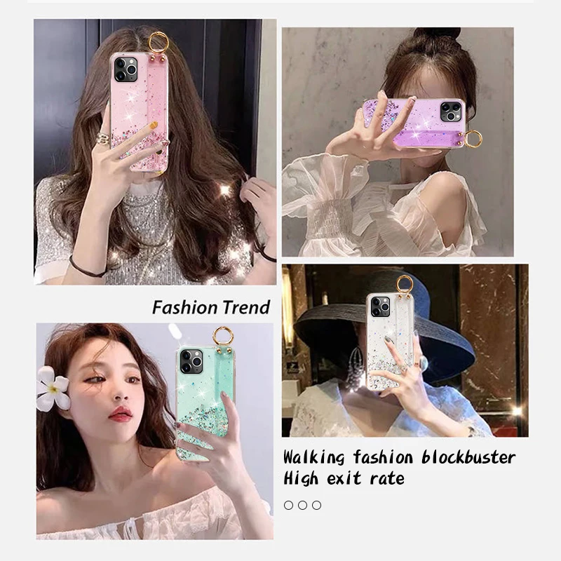

Luxury Bling Glitter Wristband Silicone Phone Case For iPhone 12 11 Pro XS Max SE XR X 8 7 6 Plus Ultra-thin Cute Lanyard Cover