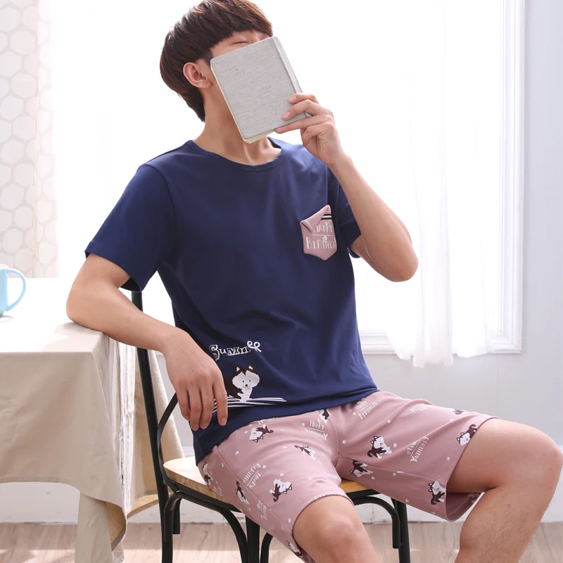 Yidanna Мужские пижамные комплекты с короткими рукавами, Мужская одежда для сна, одежда для сна, большие размеры, хлопковая ночная рубашка, летние штаны+ рубашка - Цвет: XZ8029D
