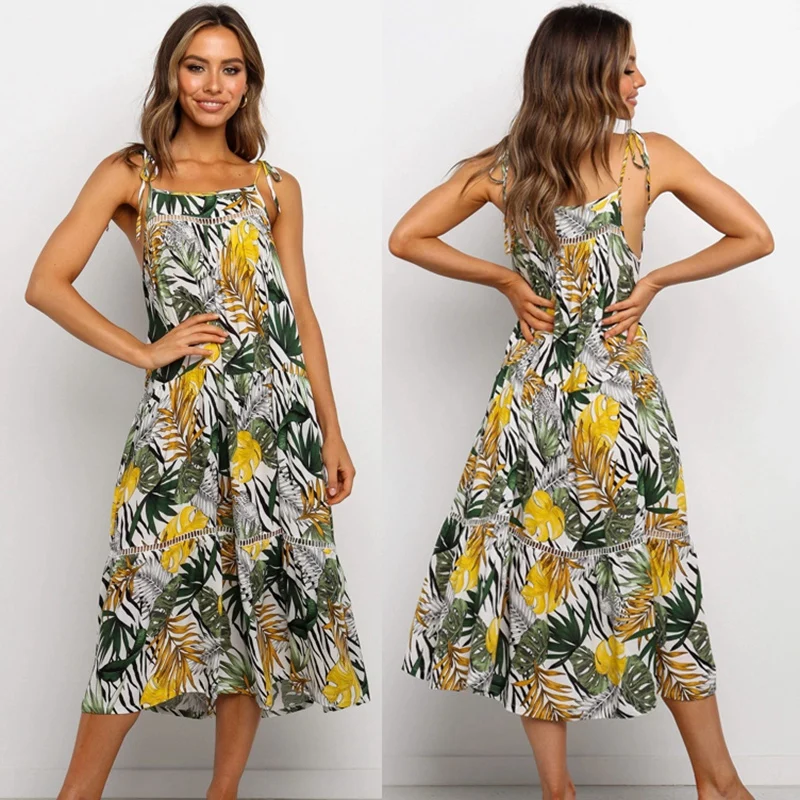 

Модное летнее платье, женское длинное пляжное платье с бантом на тонких бретельках с открытой спиной и цветочным принтом