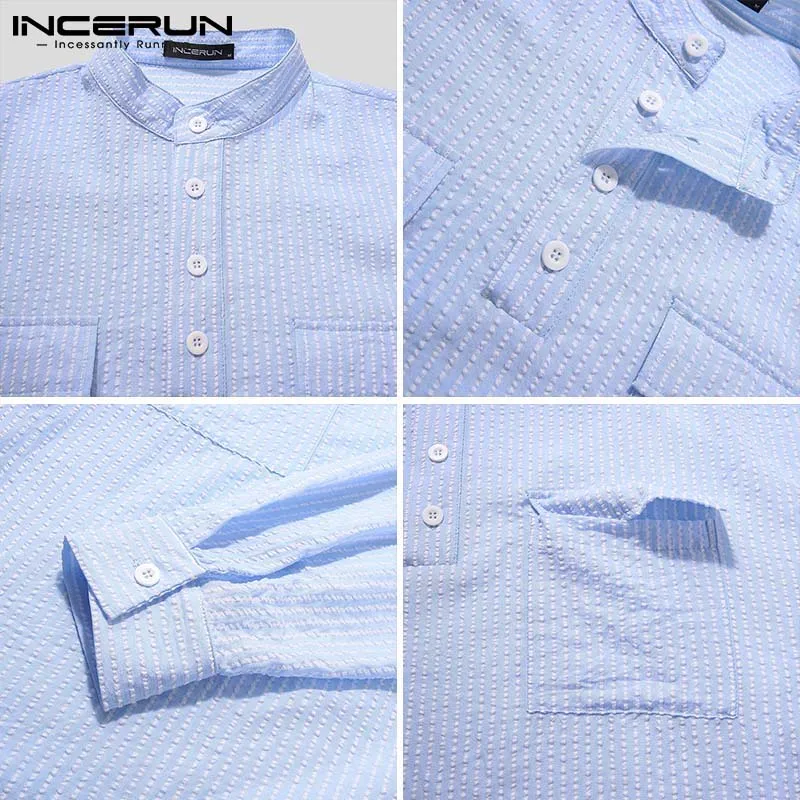 

INCERUN Man Casual Solid Button Blouse Multi Pockets Chemise Men Leisure Striped Shirts Fashion Long Sleeve Stand Collar Camisa