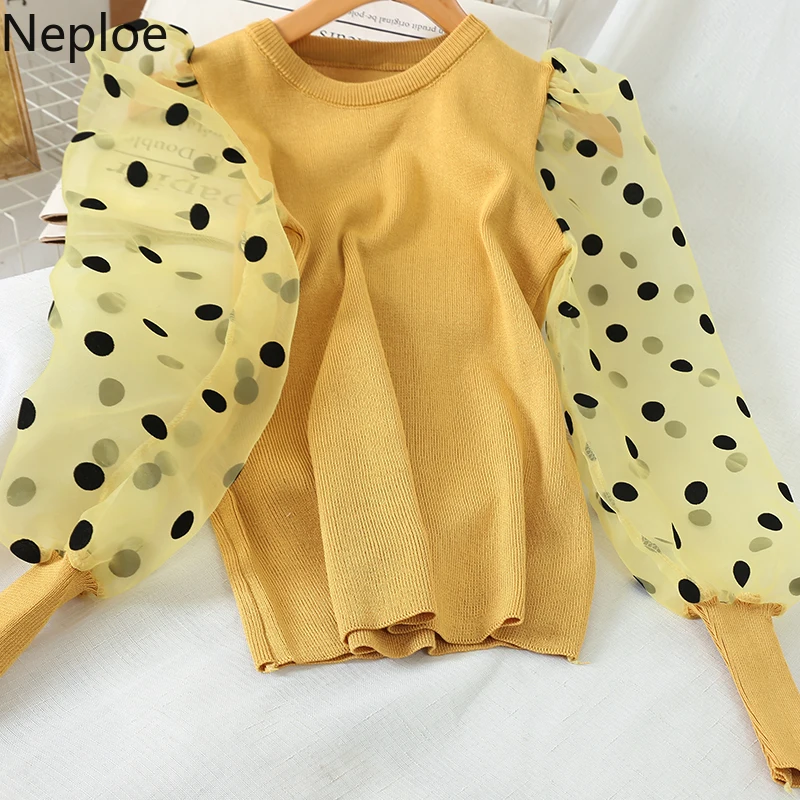 Весенний женский свитер Neploe 2022 в горошек с сеткой стиле пэчворк Повседневные