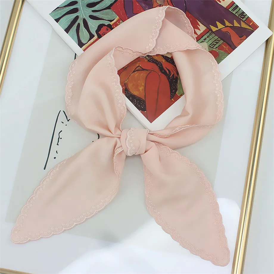 

Solid Color Embroidery 2021 New Design Silk Scarf Women Luxury Brand Foulard Women Tie Fashion Hairband Bag Scarves For Ladies