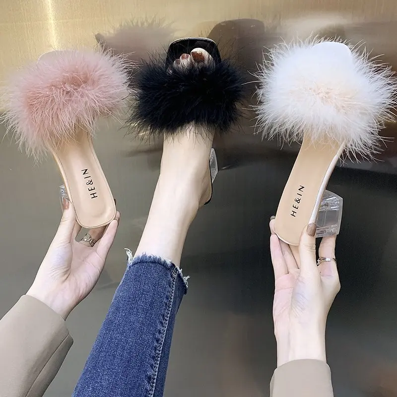 

New Summer Transparent Slippers Women Shoes Woman Mules Fur Slides Peep Toe Square High Heels Clear Slippers Shoes Plus Size