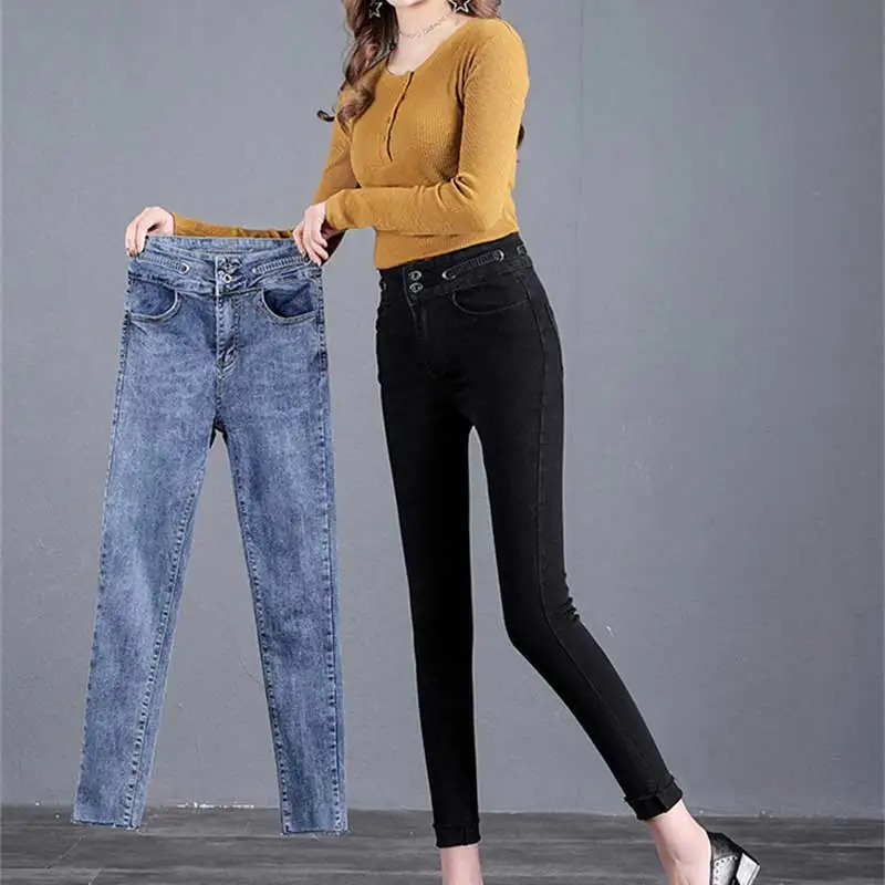 Черные джинсы с высокой талией Новинка осени 2019 женские облегающие двубортные