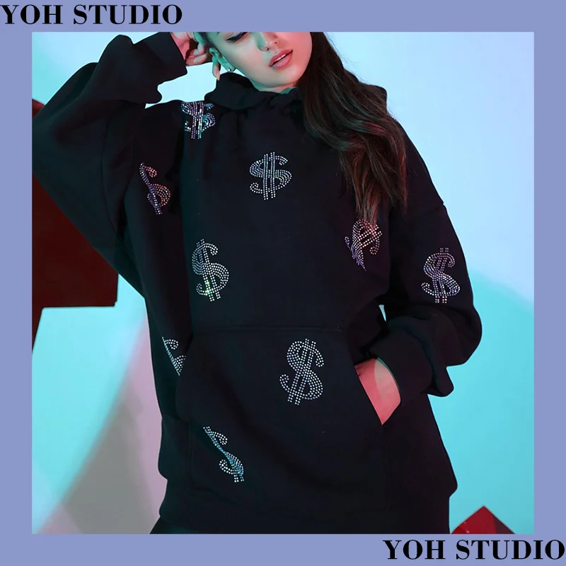 

Autumn and Winter New Models Personalized Dollar-pattern Hot Drill Fashion Casual Loose Solid-color Hooded Sweatshirt