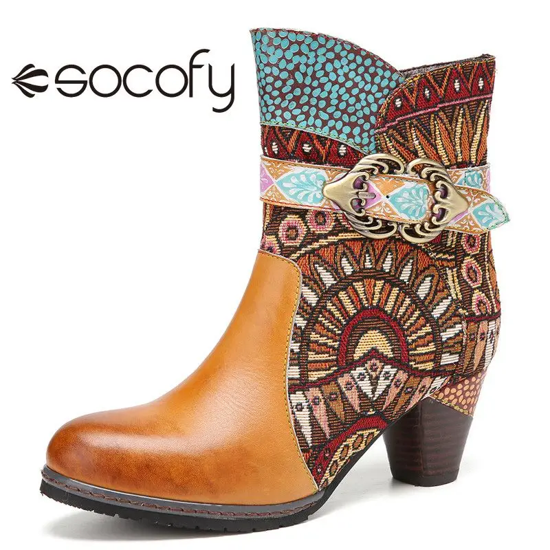 

SOCOFY Women Retro Style Boots Tribal Pattern Cloth Splicing Leather Ankle Boots Casual Outdoor Party Shoes Botas Mujer 2020