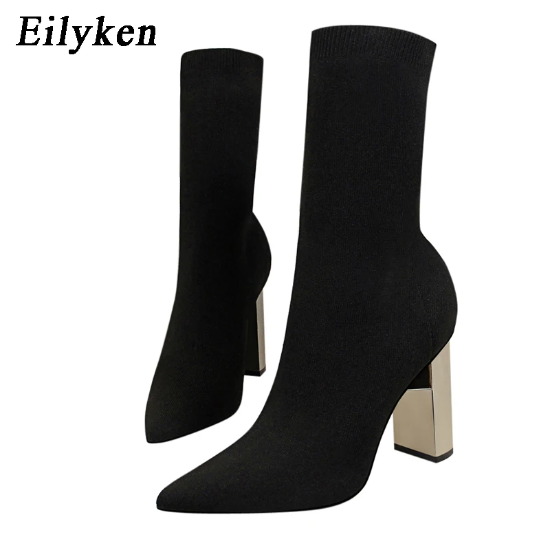 Black Eilyken/удобные Стрейчевые женские сапоги-носки; ботильоны на высоком квадратном каблуке; модная Осенняя растягивающаяся обувь с острым носком; Цвет Черный; большие размеры - Цвет: Black