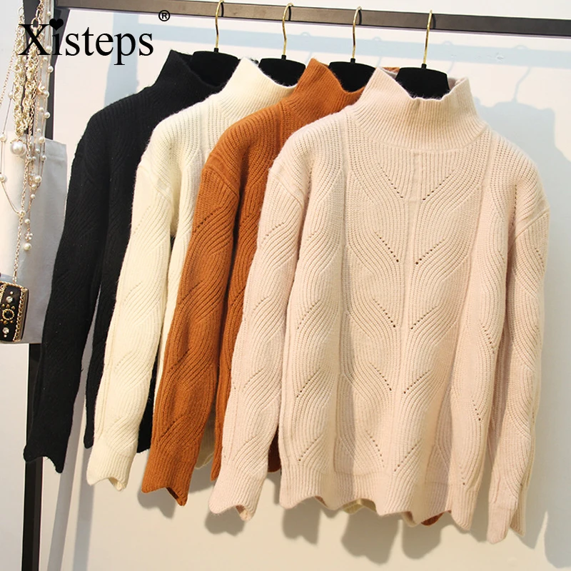 

Зимние толстые теплые шерстяные вязаные пуловеры Xisteps с высоким воротником женские свободные свитера с длинным рукавом однотонные с выреза...