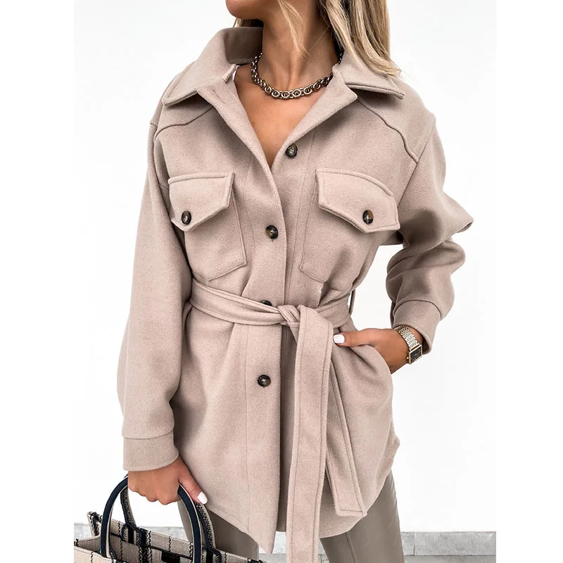 

Autumn Winter Women With Belt Woolen Jacket Single Breasted Turn-down Collar Coat Vintage Solid Loose Pocket Long Sleeve Outwear