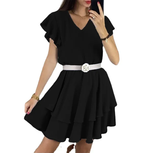 

Casual V Neck Butterfly Sleeve Mini Sweet Dress Women Backless High Waist Loose Solid Dress 2021 Summer Double Layer Dress