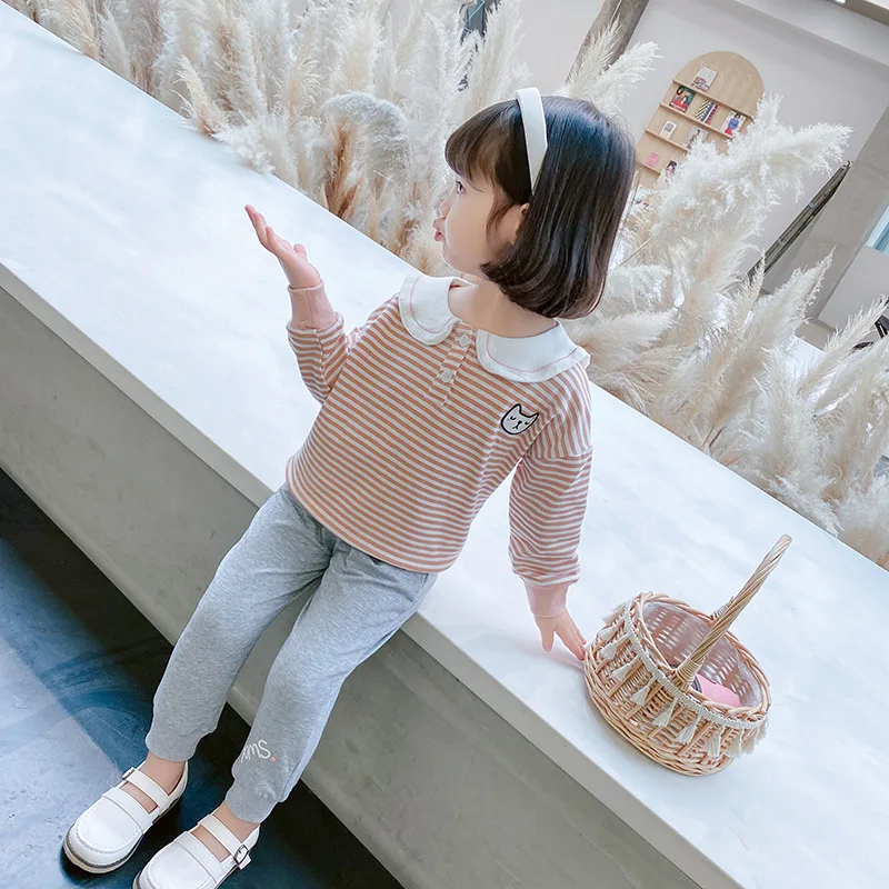

Girls' Striped Cat Suit Spring 2021 New Korean Style Fashionable Sports Two-Piece Children's Clothing Kids Clothes Girls