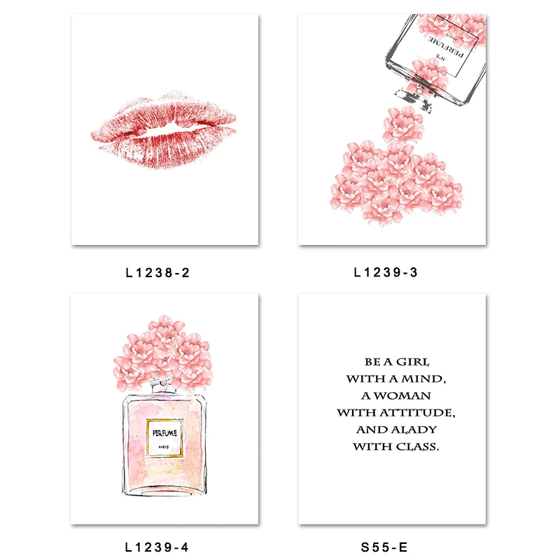 

Pink Flower Perfume Fashion Lady Poster Red Lips Makeup Print Canvas Art Painting Wall Picture Modern Girl Room Home Decor