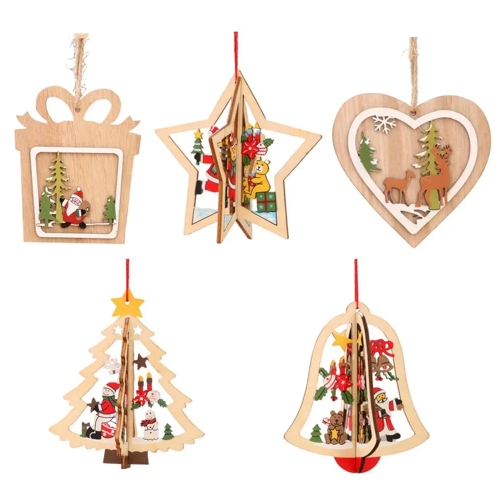 

New Year 2D 3D Christmas Ornament Wooden Hanging Pendants Star Xmas Tree Bell Merry Christmas Decorations For Home Navidad