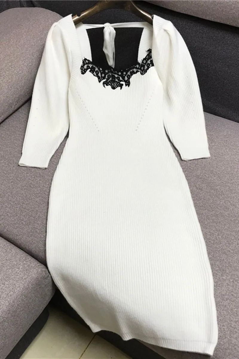 

Knitted Dress Women's Bubble Sleeve Lace Stitching Slash Neck Slim Stretch Knit Sexy Dresses Party Laides White Dress Vestidos