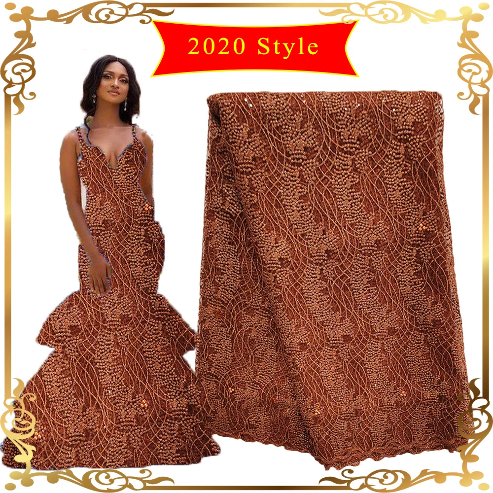 

African Sequins Fabrics Lace 5 Yards Nigerian Lace Peach high quality Embroidery rhinestone swiss voile lace in switzerland 2020