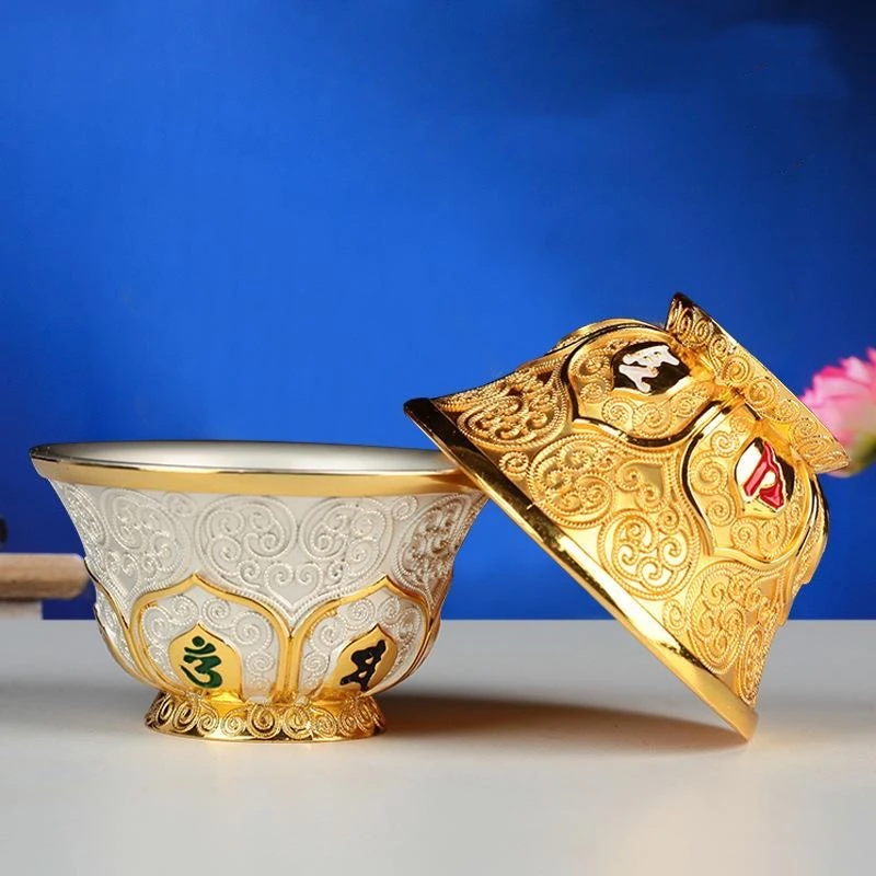 

1pcs Gilt Buddha Bowl Sanskrit Handicraft Alloy Tibetan Holy Water Bowl Tantric Buddhist Cup Home's Gift Collection Decorative