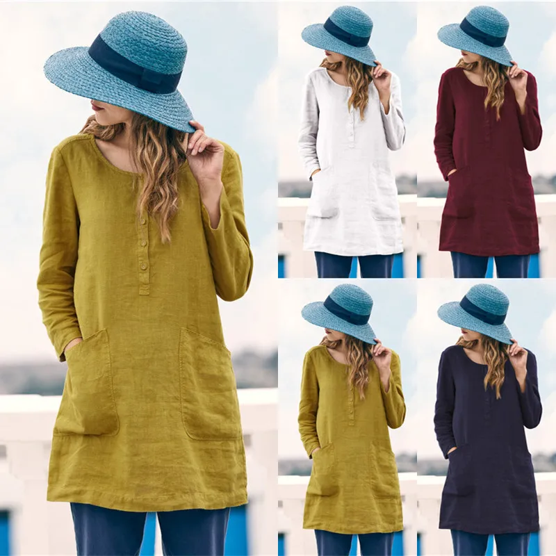 S 5XL осень длинный рукав круглый воротник чистый цвет карман Свободная Женская