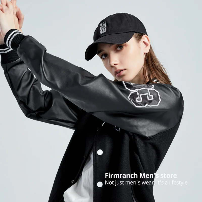 

2021 Men/Women Leather Sleeve Black Baseball Jacket Thicken Coat For Winter Fashion Cool NY Embroidery Jacket Outwear