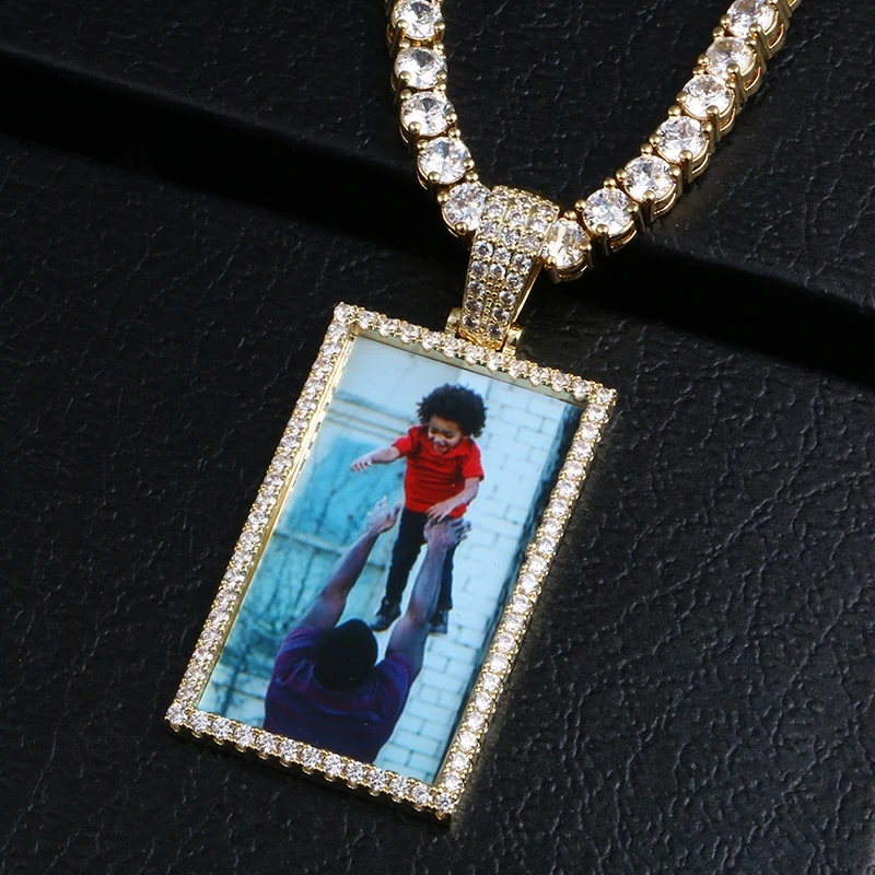 Rectangle Custom Made Photos Medallions Pendant Necklace With AAA Cubic Zircon Rope Cuban Tennis Chain Drop Shipping Gift Box