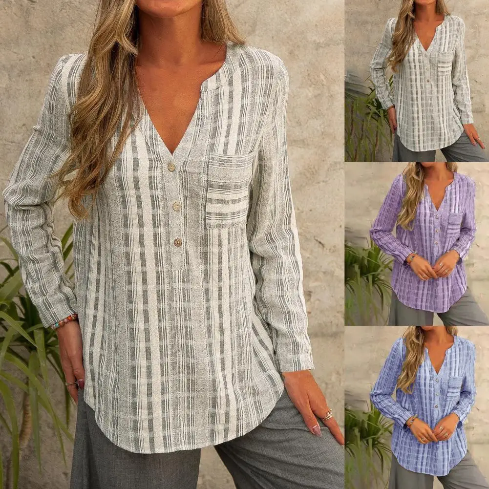 

Fashion Summer Oversized Women Shirt Stripe V Neck Pocket Blouse Long Sleeve Blouse for Daily Wear Casual Tops Women Plus Size