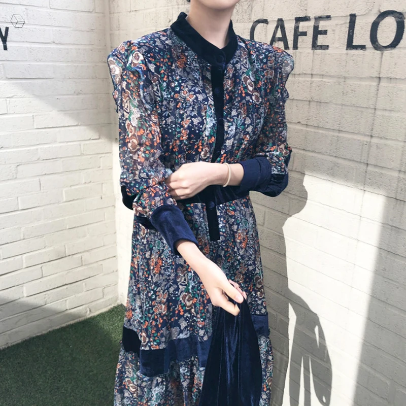 

Wavsiyier Vintage A-line Print Floral Dresses Elegant Woman Party Long Sleeve Korean Style Spring Winter Dress Women 2020 Robe