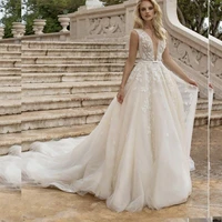 gorgeous wedding dress 2021 a line v neck lace appliques beads backless sweep train princess bridal gown vestidos de noiva