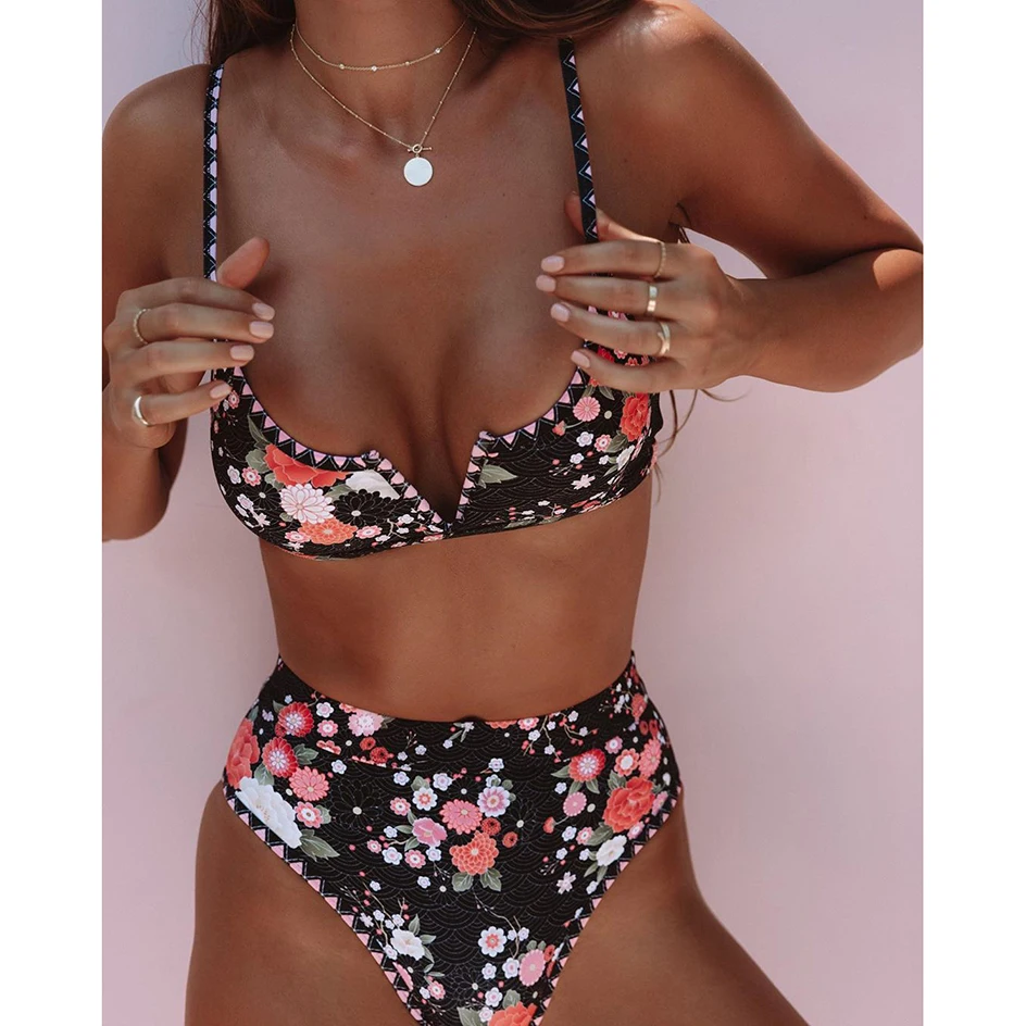 

Sexy Black Floral High Waist Bikini Swimsuit Women Swimwear 2020 Female Bathing Suit Swimming Puh Up Bikinis Set Maillot De Bain