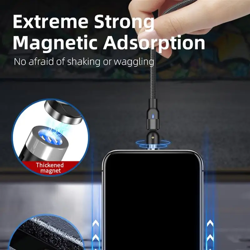 

180 Degree Rotation L-shape 3A Fast Charging Blind Magnetic Charging Cable Three-in-one Data Line for Micro USB Type C iOS