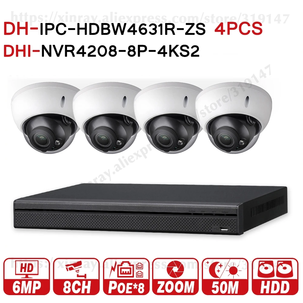 Dahua 6MP 8+ 4 системы видеонаблюдения 4 шт. 6MP POE Zoom ip-камера IPC-HDBW4631R-ZS и 8POE 4K NVR NVR4208-8P-4KS2 комплекты видеонаблюдения