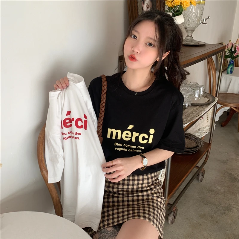 

Regular 2021 summer new T-shirt black short sleeve T-shirt women's Korean loose letter cotton versatile top