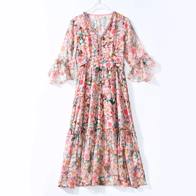 

2021 Vintage M-3XL Plus Size Chiffon Beach Dress Casual Print Mulberry Silk Midi Dress Summer Women Elegant Slim Party Vestidos