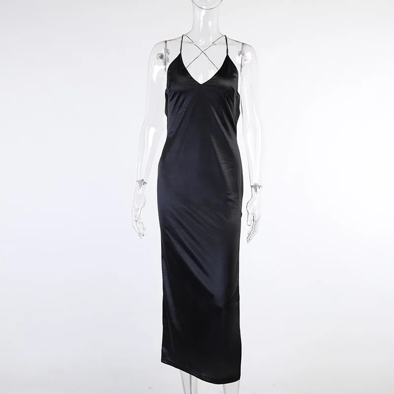 

2021 New Arrivals Summer Fashion Spaghetti Strap V Neck White Black Solid Slit Backless Bodycon Sexy Night Club Women Prom Dress