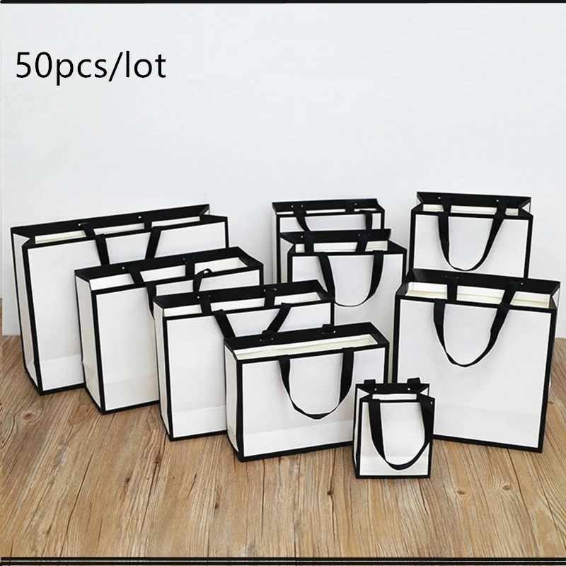 

50X Multi Size Gold gift/boxBlack Frame Whitebag Shopping Paper Bag With jewelry packaging Bag Customized LOGO Printing