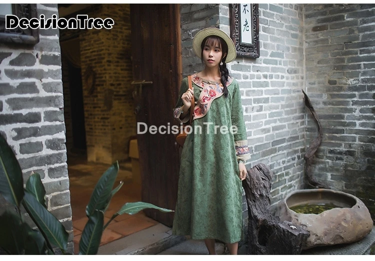 

2021 elegant women chinese qipao dress full sleeve long cheongsam lady flower printed cotton linen dress party dance costume