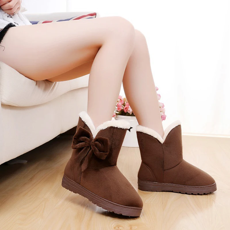 Новинка 1 пара Женские зимние сапоги Теплая обувь с бантиком Плюшевая