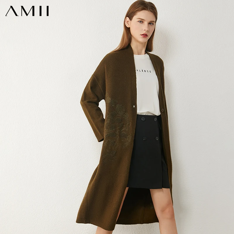 

Amii Minimalism Autumn Winter Female Cardigan Fashion Embroidery Full Sleeve Knitted Jacket Knee-length Women Coat 12070418