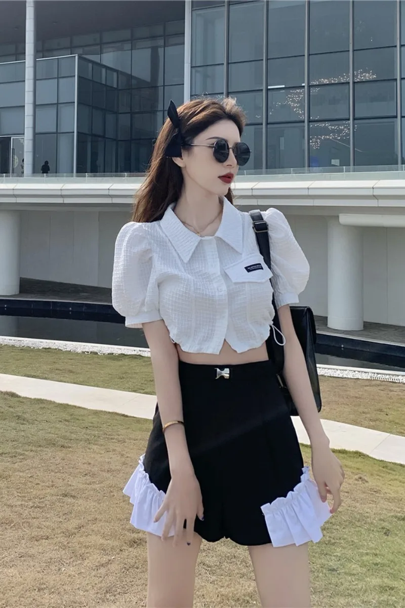 

Women's Blouses and Shirts French hubble-bubble sleeve shirt female summer design small short chic shirts short sleeve blouse