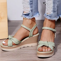summer platform wedge sandals quality leather upper bow tied open toe ankle buckle strap fashion modern shoes ladies female 2021