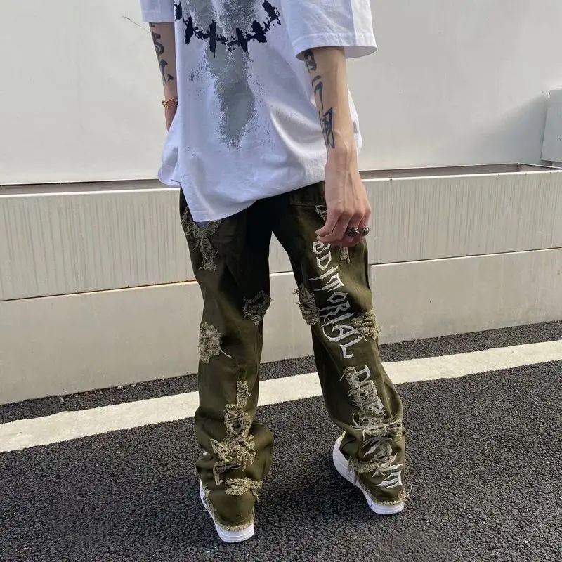 

Letter Embroidered Jeans Men Aesthetic Ripped Jeans 2021 Autumn New American Vintage Fashion Patchwork Straight Pants Trend