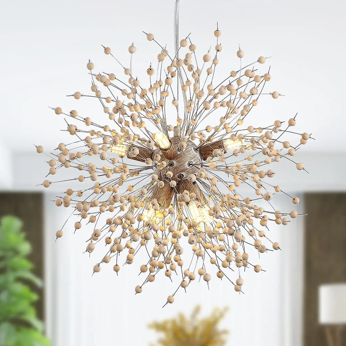 

Modern Wooden Beads Dandelion Chandelier Firework Pendant Lighting 8-Lights Sputnik Hanging Fixture for Living(G9 Bulb Base)