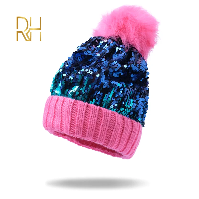 Шапки с помпонами теплые вязаные помпоном женская меховая шапка из меха енота