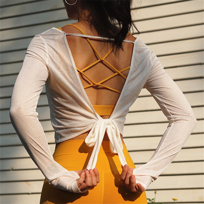 Цветные женские топы с открытой спиной для йоги модные футболки длинным рукавом