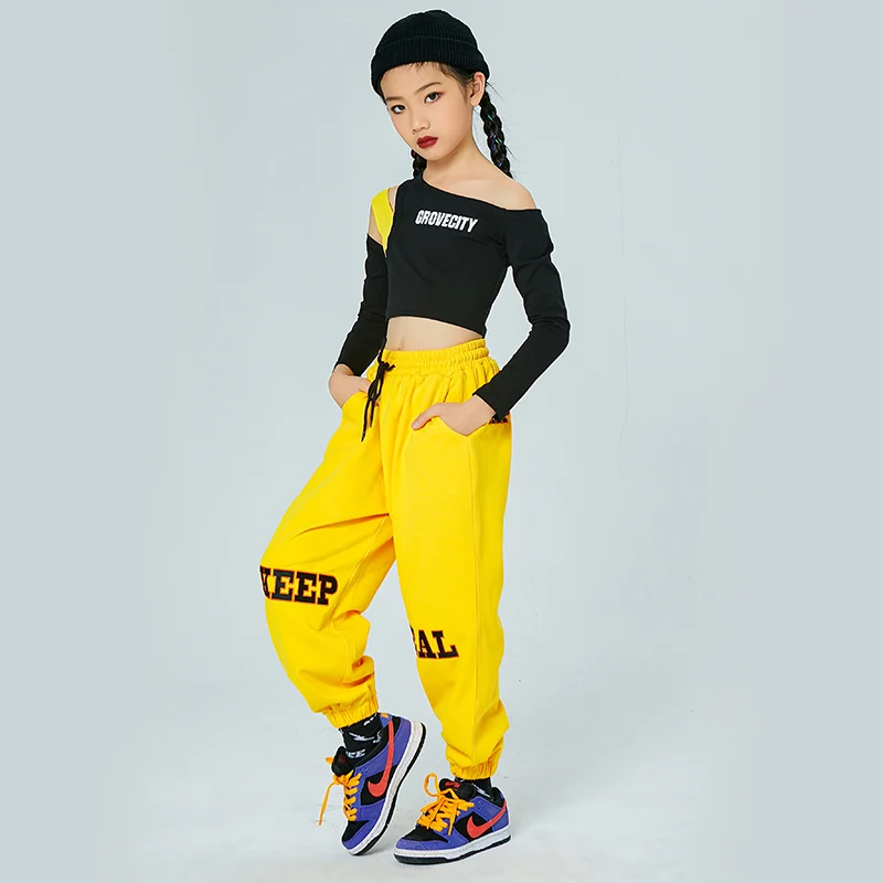 

Hip Hop Clothing Girls Tops Casual Pants Yellow Jazz Practice Outfit Children's Street Dance Wear Hiphop Costume