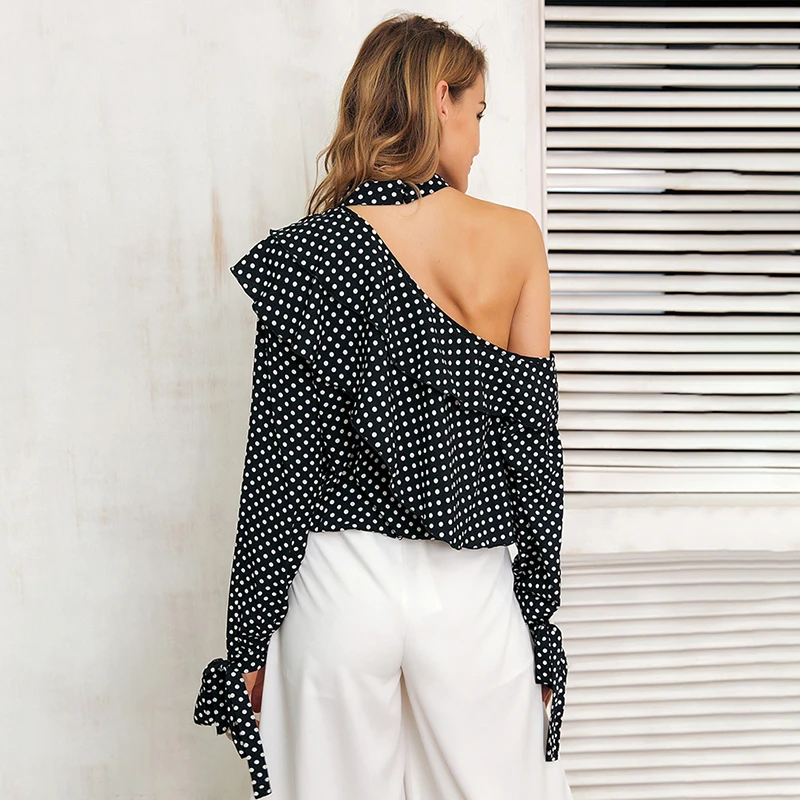 

Топ женский шифоновый асимметричный с принтом в горошек, повседневный облегающий, с оборками, на одно плечо, на осень