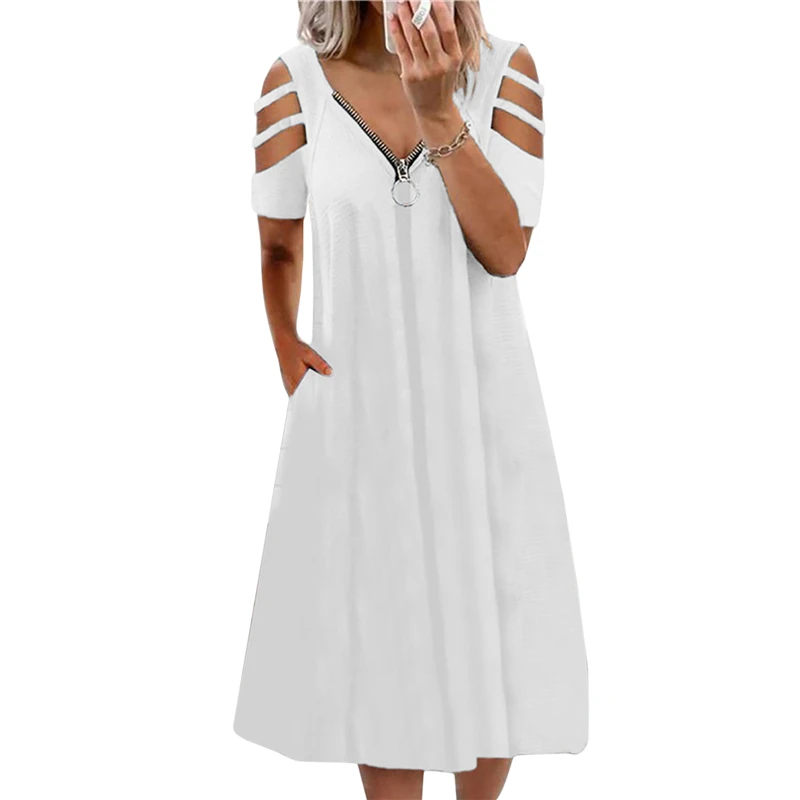 

Summer Dress 2022 Women Casual Loose Beach Dress Sexy Zipper V-neck Dress Short Sleeve Hollow Out Clothes Female Vestidos