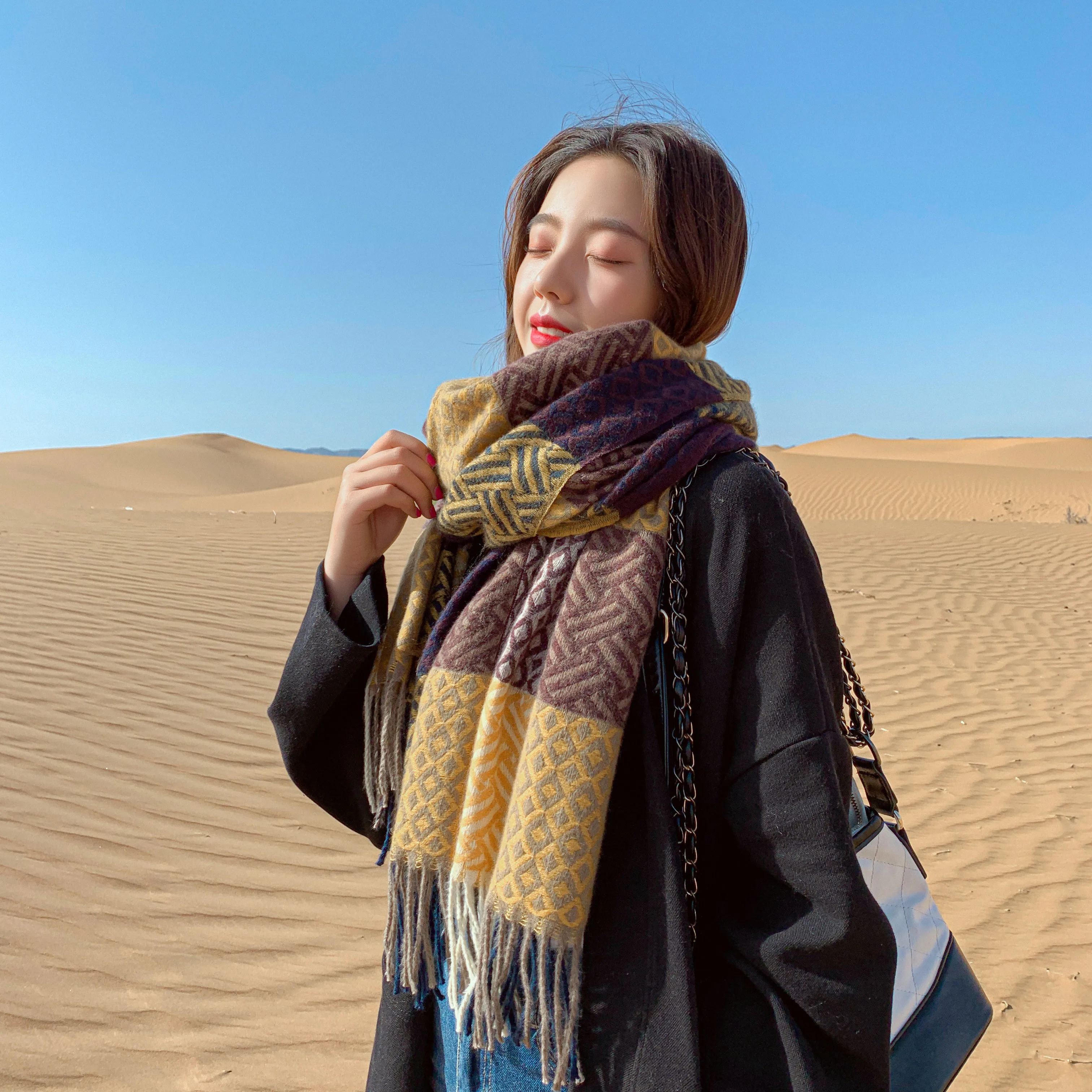 

New Style Autumn Winter Color Matching Thick Checks Warm Tassels Scarf Female British Retro Fashion Scarf women