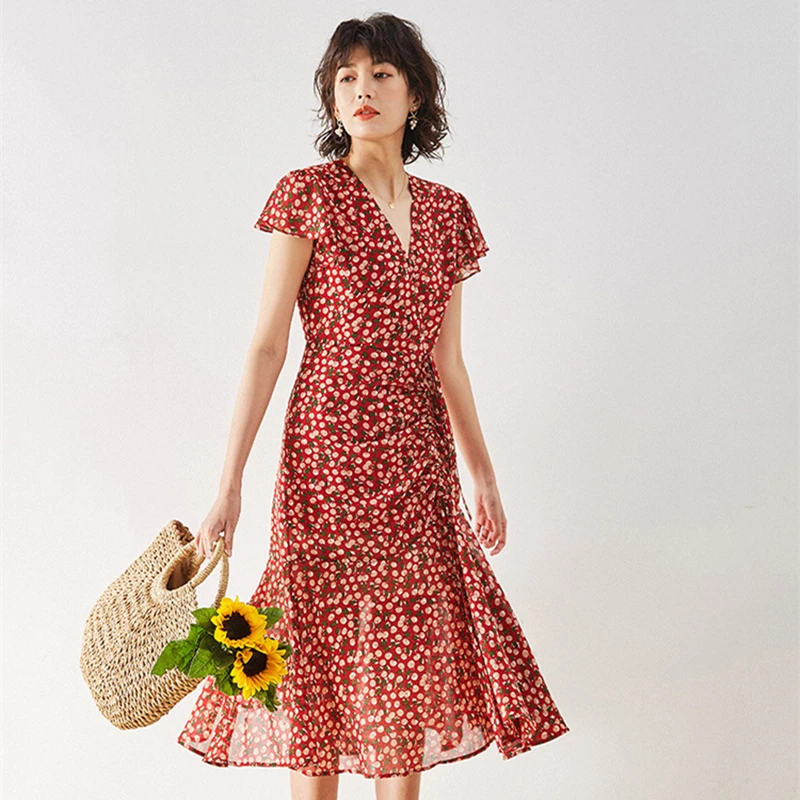 

Women's Dress French Temperament Pleated Floral Mermaid Skirt Short-Sleeved Ruffled Mid-Length Skirt Summer New Style 2021