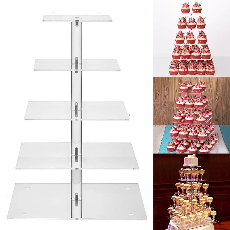 

1* 5 Layers Square Transparent Acrylic Cake Snack Fruit Shelf Stand Wedding Living Room Decoration Accessories High Quaity
