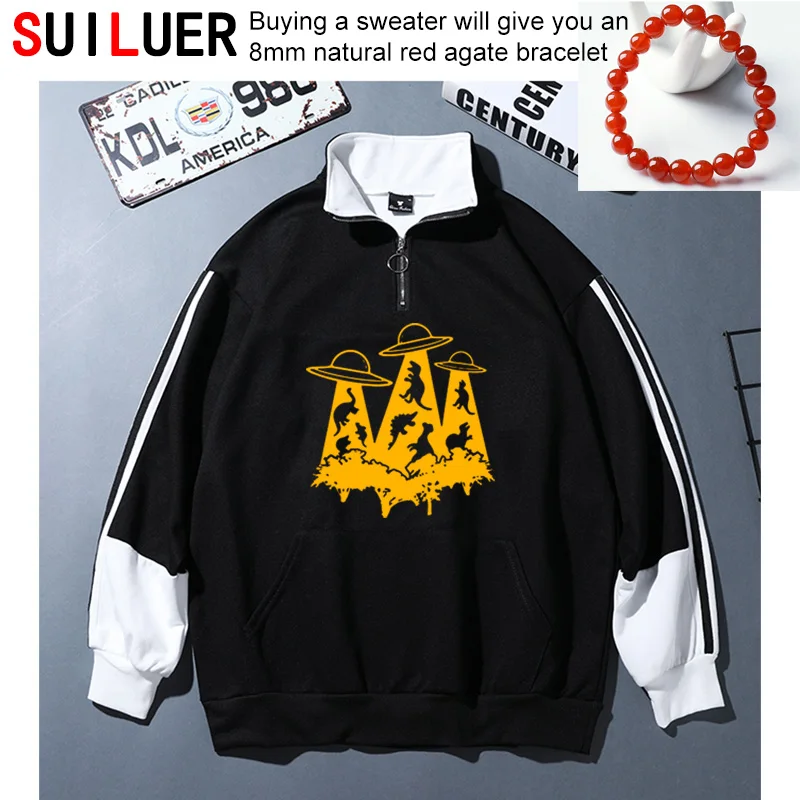 

UFO Sweatshirts Dinosaur Abduction Take It Away Autumn Spring High Quality Long Sleeve 100% Cotton Hoodies Sports Pullovers