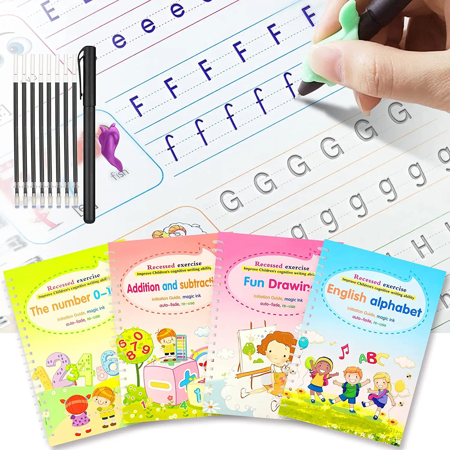 

Reusable 4Pcs Magic Practice Book Free Wiping Children's Toy Writing Sticker English Copybook Children Book For Calligraphy Toys
